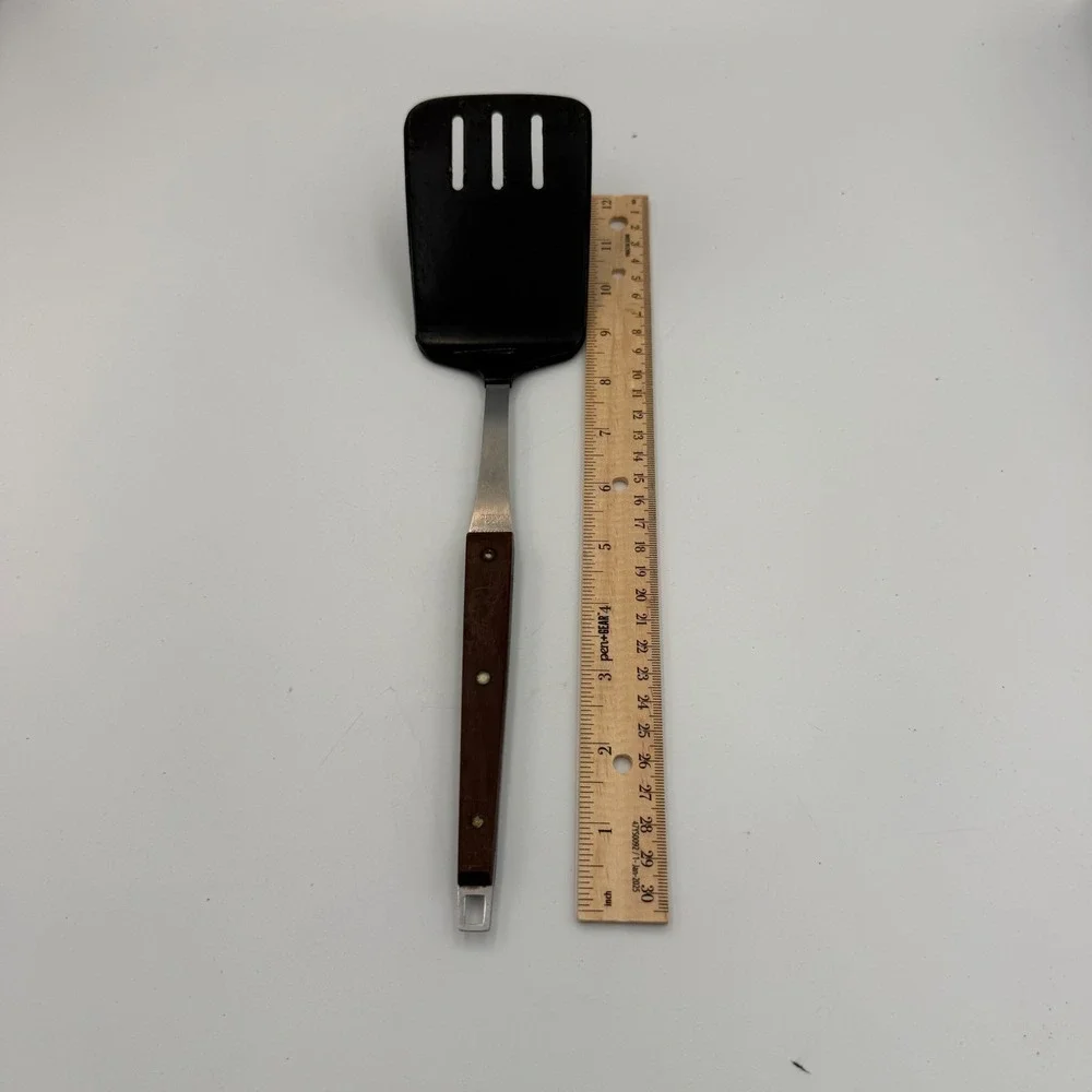 Vintage Ekco Classic Slotted Spatula Stainless USA Wood Handle Nylon Turner 12in